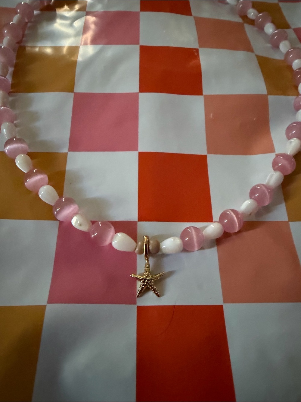 Pink and White Beaded Necklace with Gold Star Charm